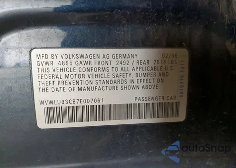 2007 Volkswagen Passat 3.6L Wagon from USA, damaged, VIN WVWLU93C87E007061